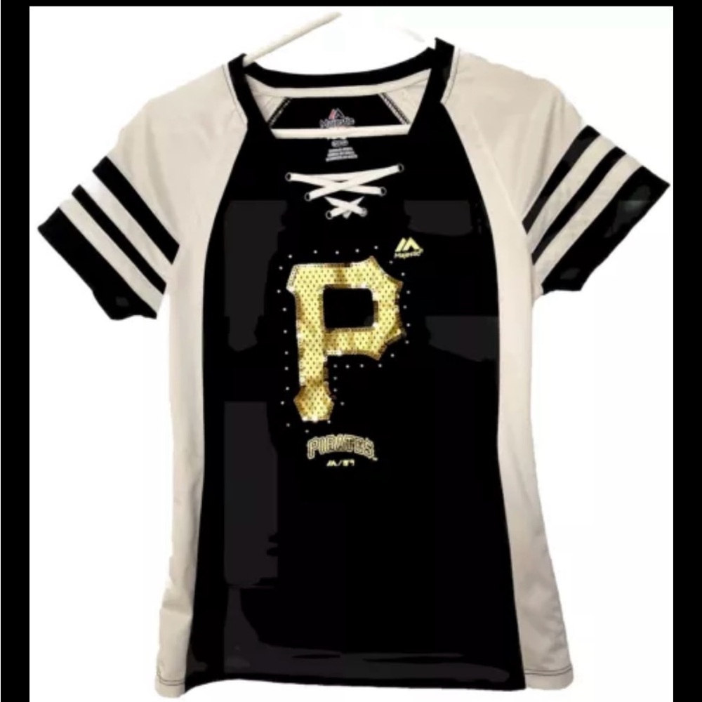 Pittsburgh Pirates WOMEN Small Majestic  V-Neck Jersey Shirt With Bling